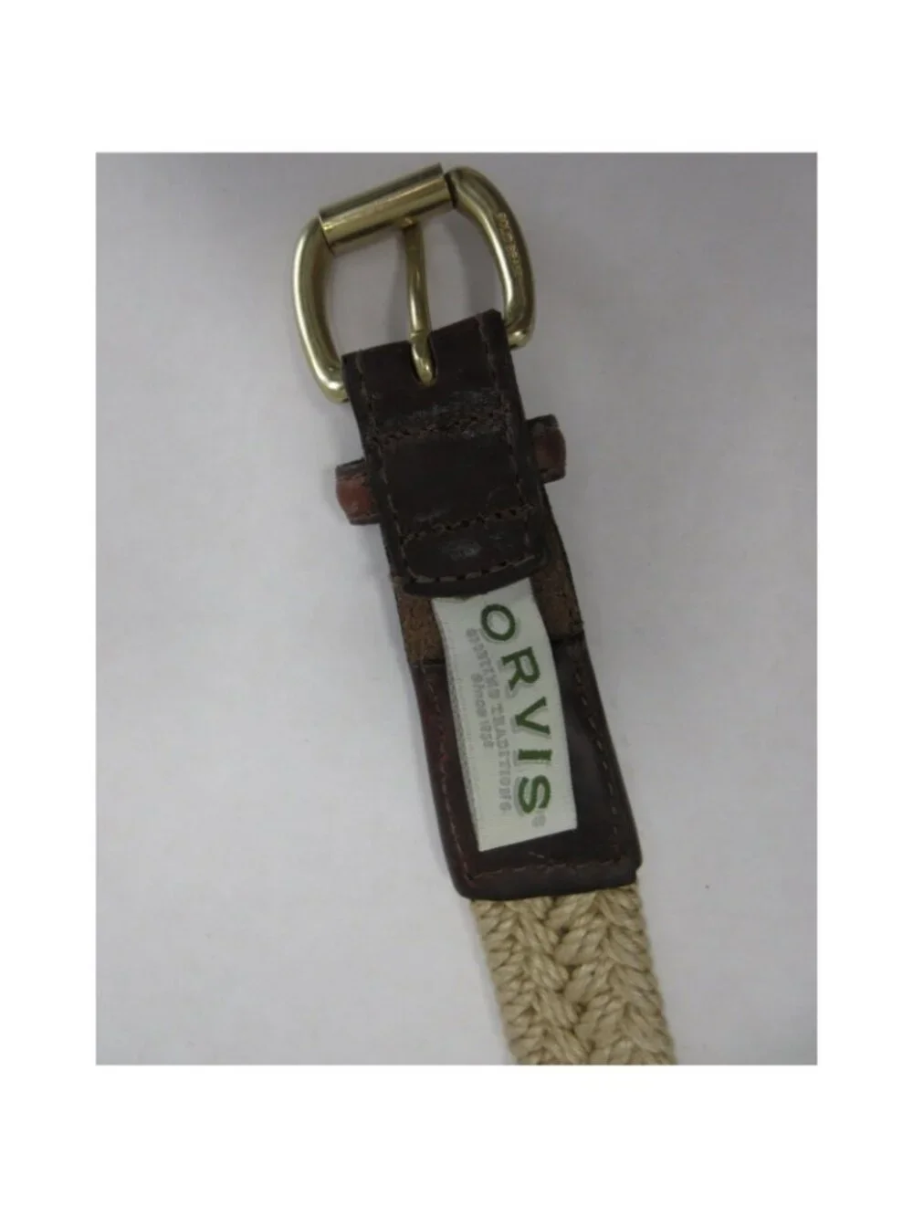 Orvis Belt 46 Braided Woven Leather Trim Brass Buckle Made In USA